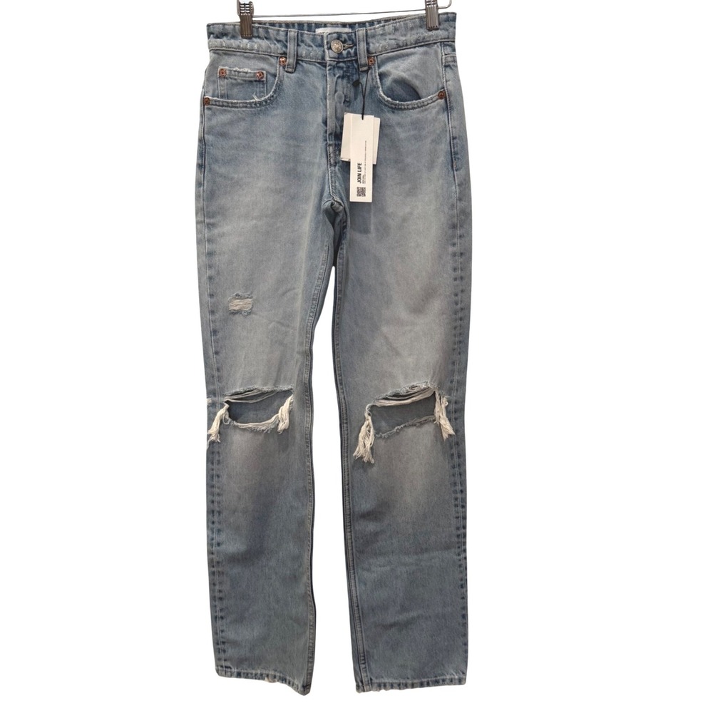 NEW Zara Mid Rise Straight Leg Distressed Jeans Light Wash Blue Size 2 Casual
